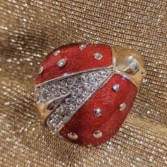 Vintage Givenchy Ladybug Brooch Red Enamel Crystal Rhinestones Gold Tone - FLAW - Picture 2 of 13